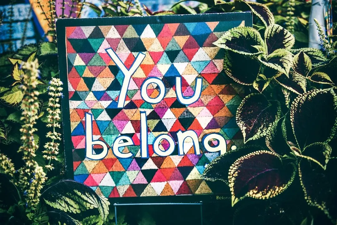 You Belong written on a colourful patterned textile, surrounded by plants