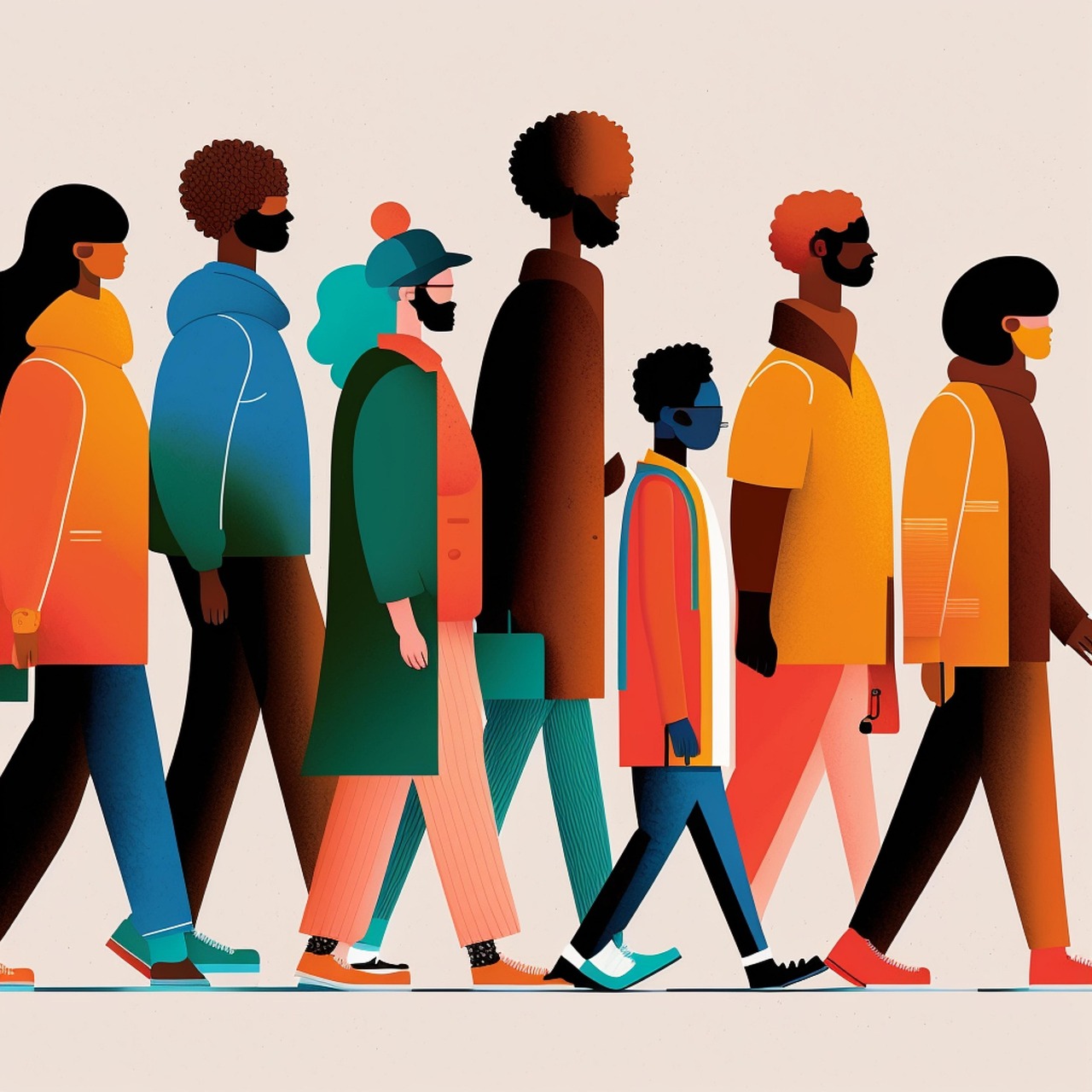 Animated multi-colour image of a diverse group of people looking in different directions