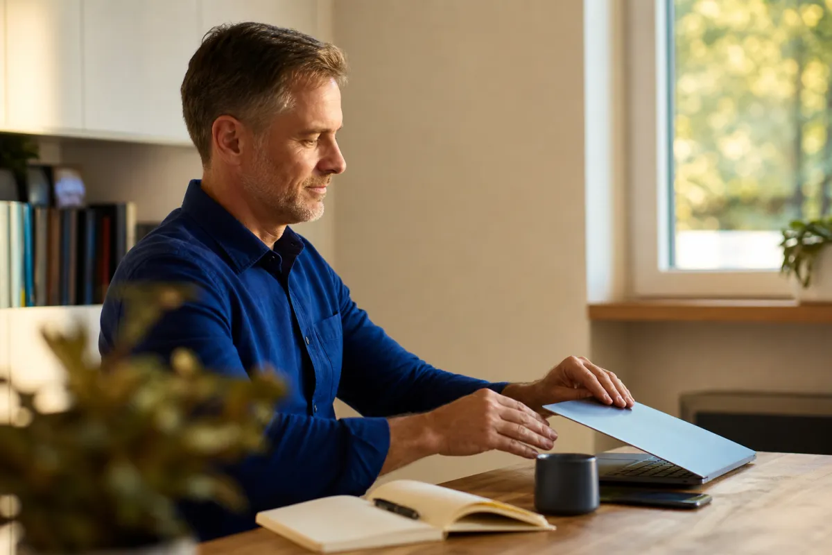 Lídr po pracovním dni zavírá notebook v klidné pracovně osvětlené podvečerním světlem.