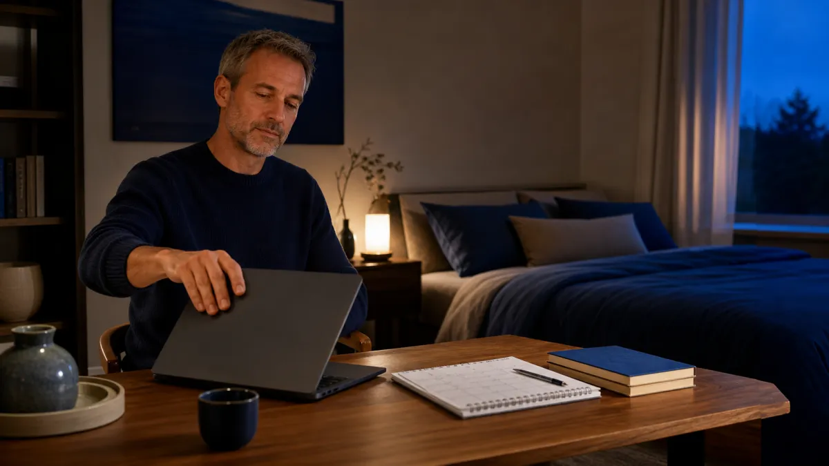 Vytížený muž večer zavírá notebook a připravuje se na spánek před náročným týdnem