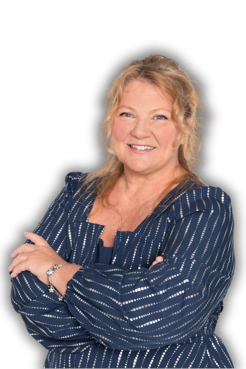 Michelle Gallant-Richards with dark blue shirt with siler stripes
