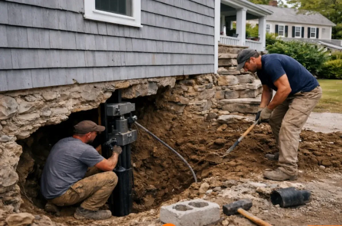 Foundation repair and structural support installation at historic stone home in Marblehead MA with professional masonry crew.