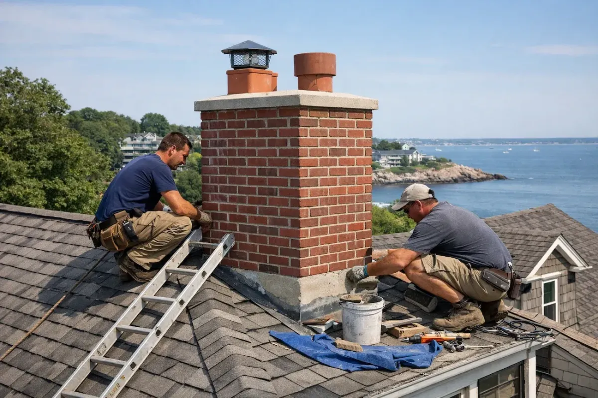 Professional brick chimney repair and masonry restoration on coastal home in Marblehead MA with ocean view background.