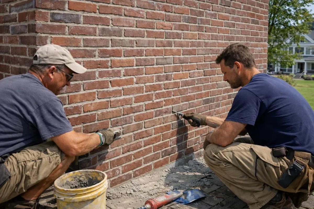 Brick tuckpointing and repointing services in Marblehead MA restoring mortar joints on residential masonry wall.