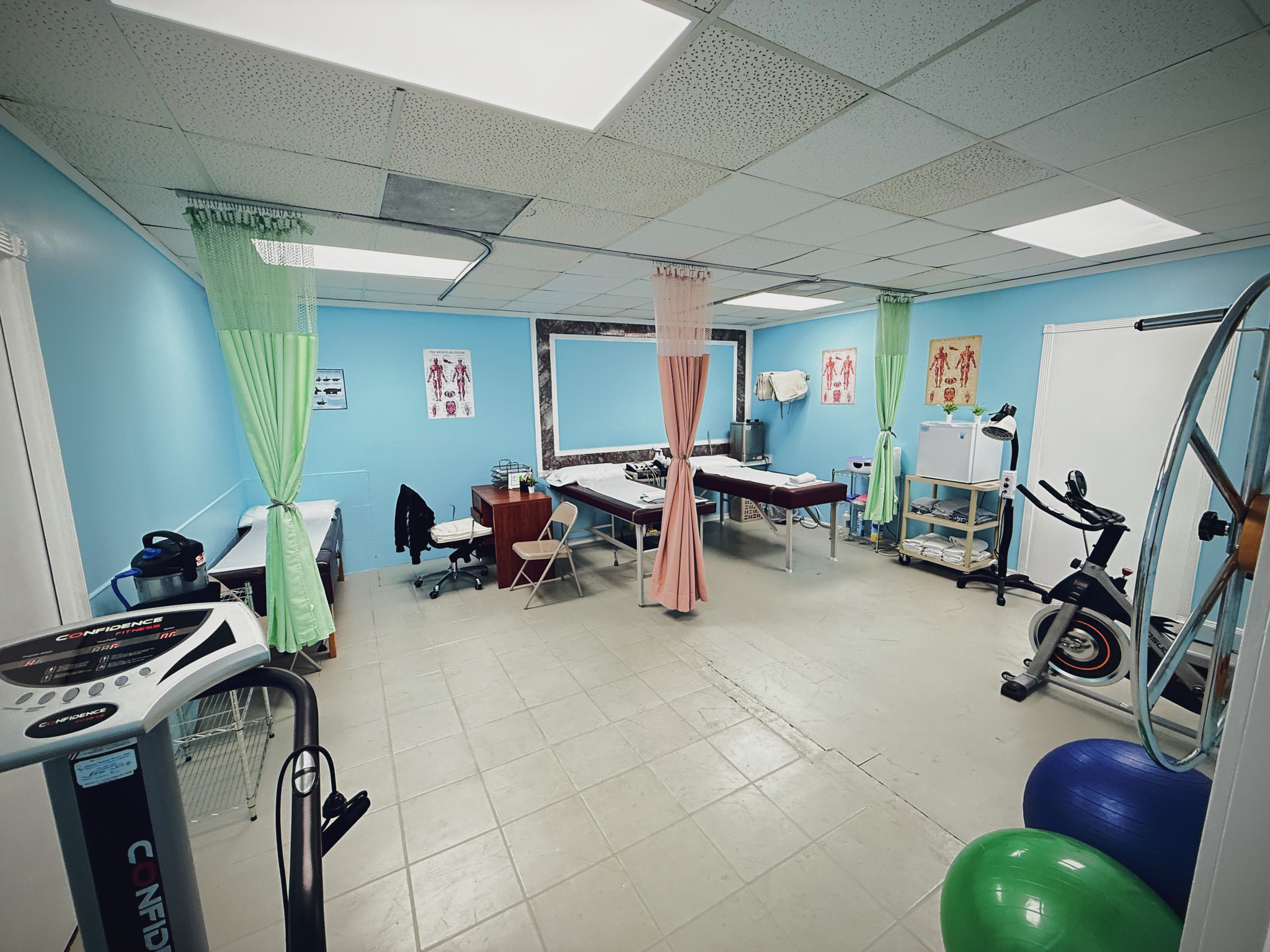 Sala de terapia física con camillas, cortinas divisorias, bicicletas estáticas y pelotas de ejercicio