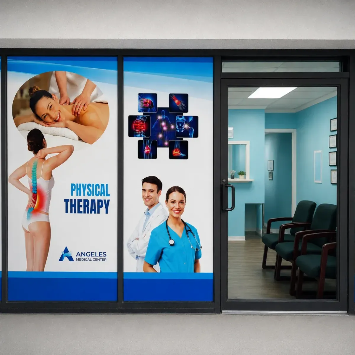 Entrada de Ángeles Medical Center con imágenes de terapia física y vista de la sala de espera