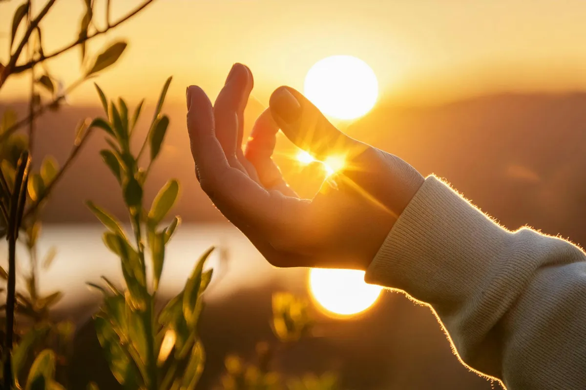 hand with nature behind and golden sunlight in the palm