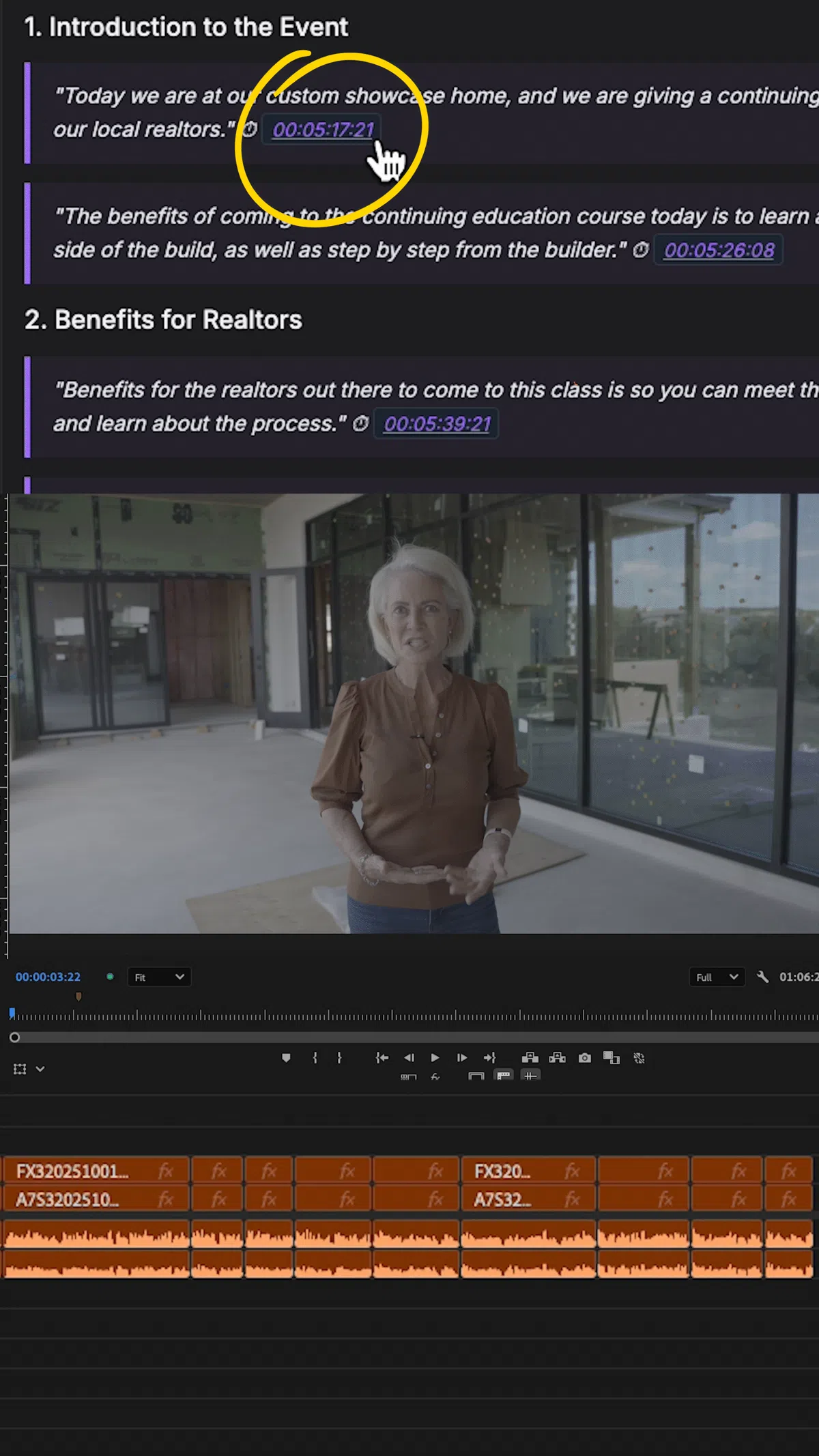 ChatVideoPro Story Cutter Assistant analyzing a talking head video transcript to find key soundbites automatically.