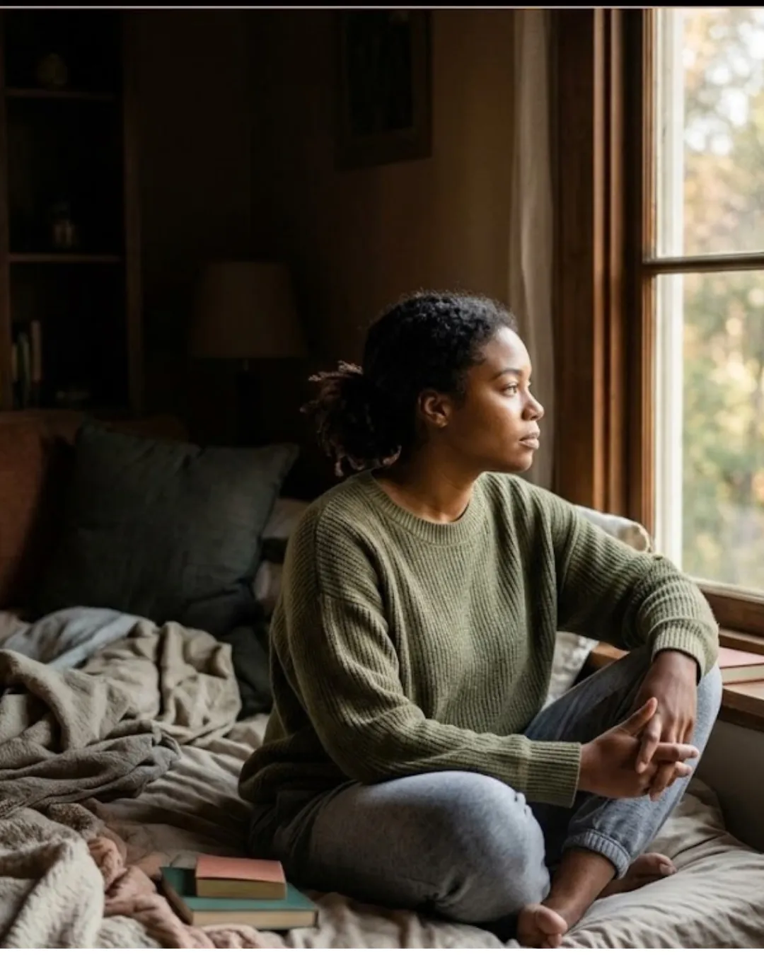 Black woman reflecting by the window in a quiet sanctuary room