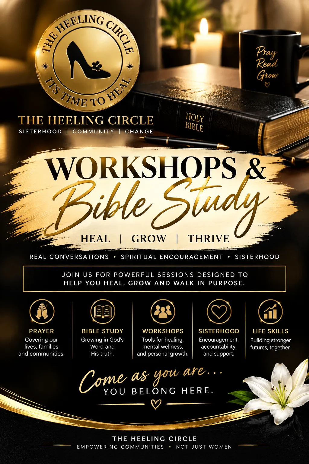 Workshop / Bible Study flyer-style graphic placeholder in black, hot pink, and gold