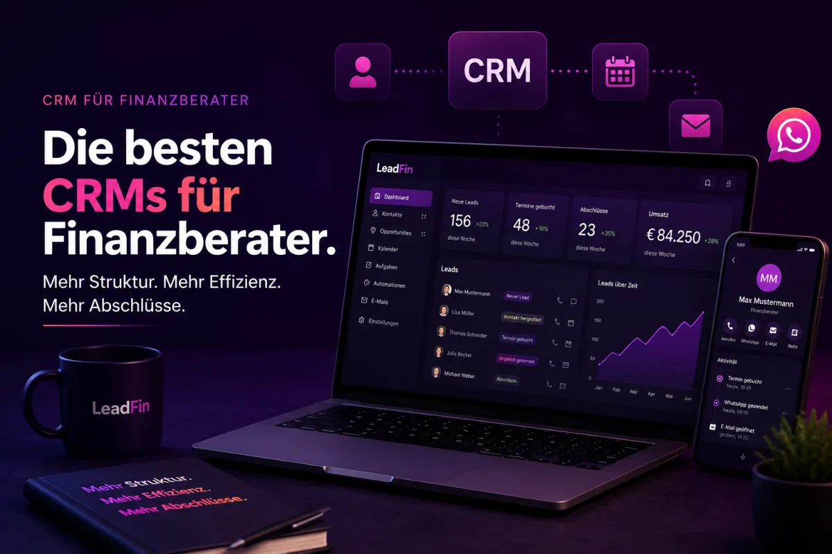 Modernes CRM-System für Finanzberater mit Automationen, Leadmanagement, WhatsApp-Kommunikation und digitalem Vertriebsdashboard in den LeadFin Brandfarben.