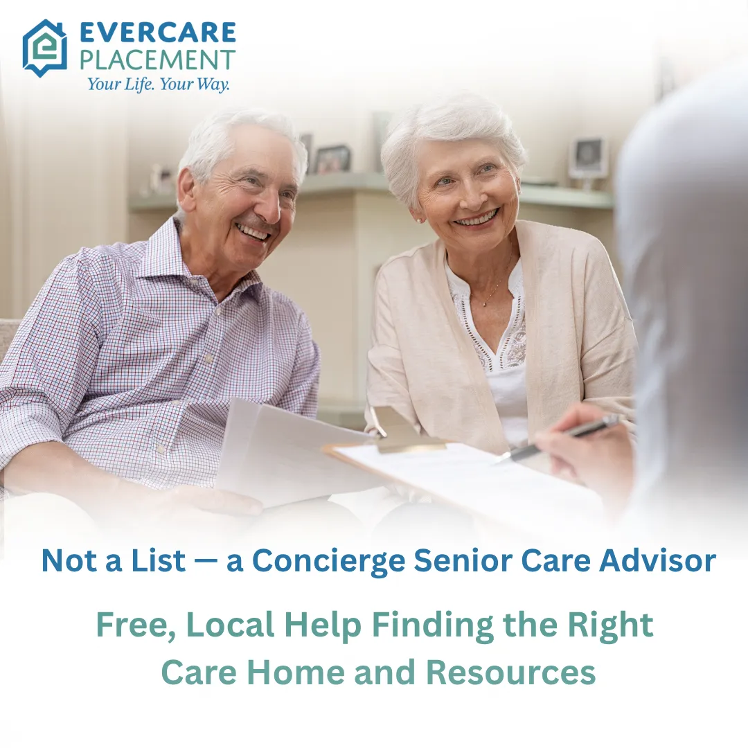 Adult child helping elderly parents at home on the couch — exploring senior care options with EverCare Placement.