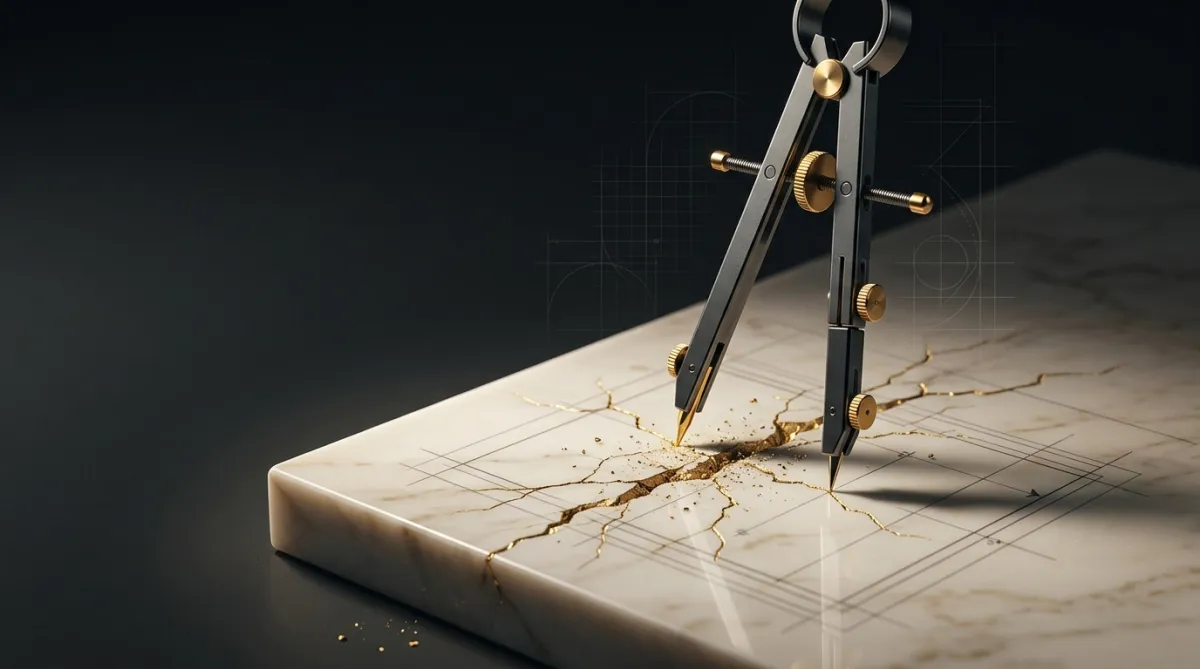 A drafting compass point cracking a marble surface, gold veins spreading outward from precise, calculated pressure.