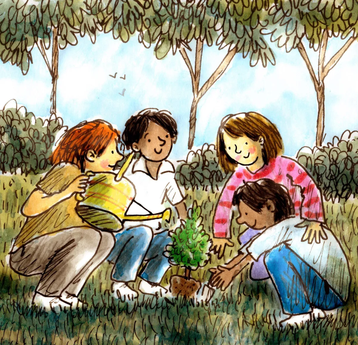Illustration of Foster Family Planting a Tree