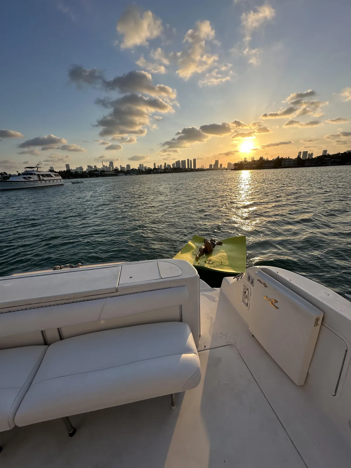 Rear view of one of the yachts of the Elite Sports Yachts in West Palm Beach during the sunset