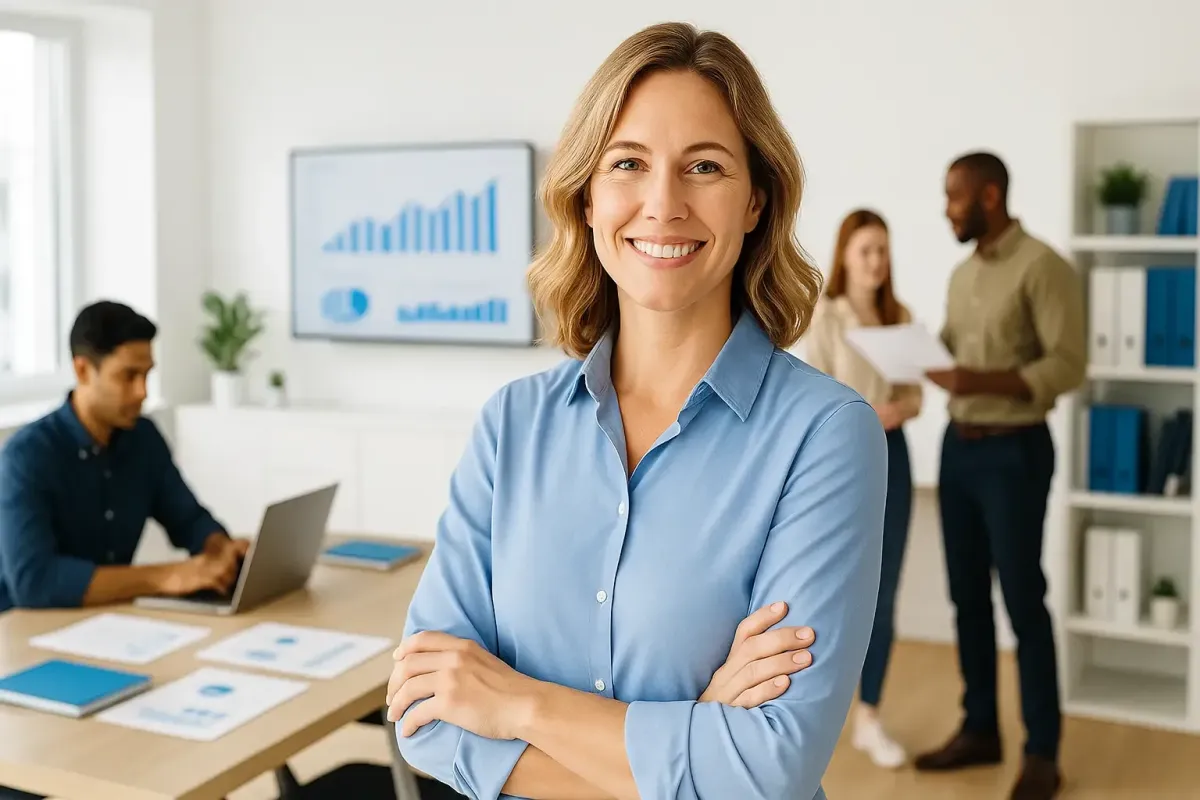 Confident entrepreneur smiling in a bright office with a productive team and digital dashboards symbolizing Loft Approved sustainable growth strategies