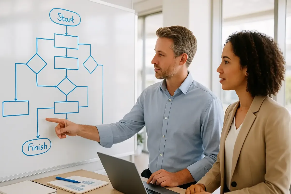 Two professionals standing at a whiteboard with a roadmap and blue marker drawings symbolizing Loft Approved strategic planning and clarity