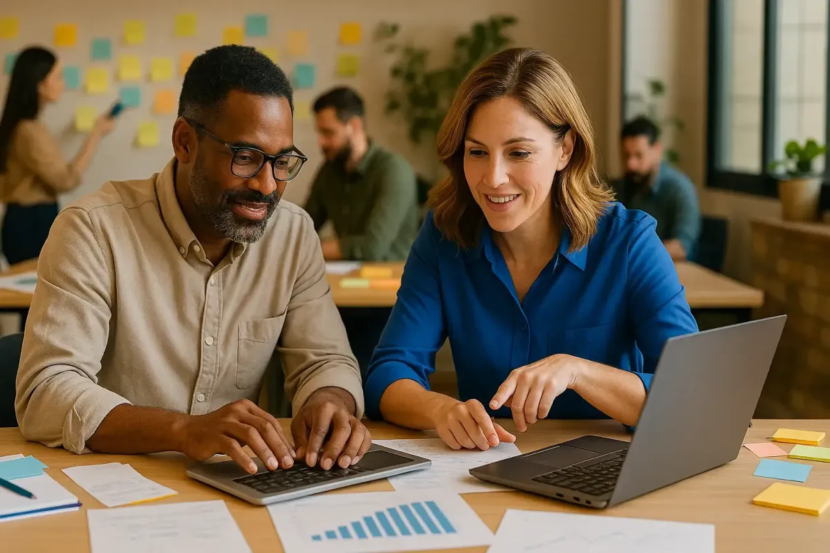 Coach and entrepreneur working together at a desk with laptops and action plans in a warm office environment representing Loft Approved implementation support