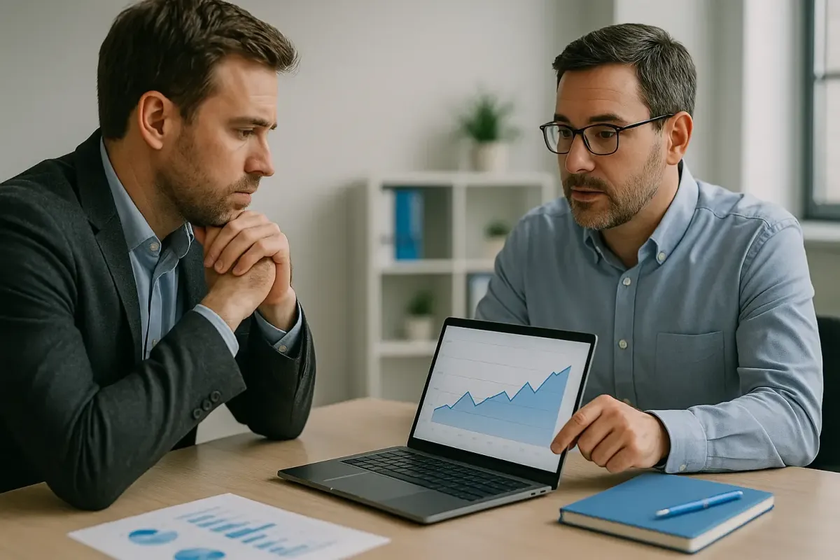 Business leader sitting across from a coach reviewing charts on a laptop in a neutral office with blue accents representing Loft Approved business assessment