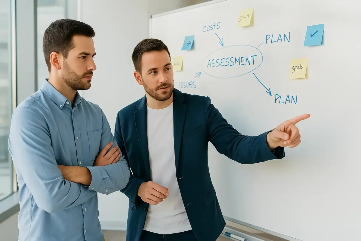 Editorial style photo of a business leader and mentor standing in front of a whiteboard with notes arrows and charts symbolizing collaboration problem solving and planning with Lofton Approved business coaching