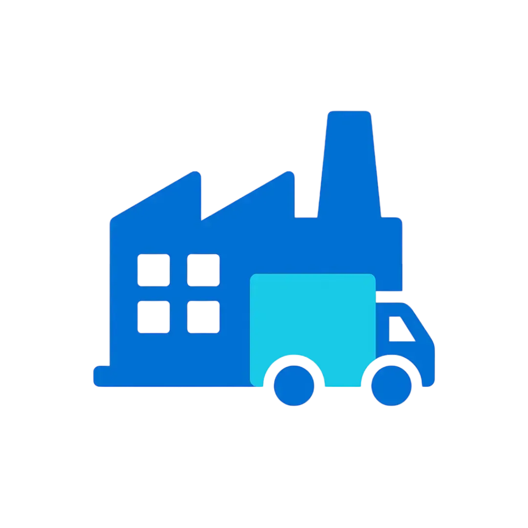 Factory and delivery truck icon in Lofton Approved brand blue colors symbolizing manufacturing and distribution business support