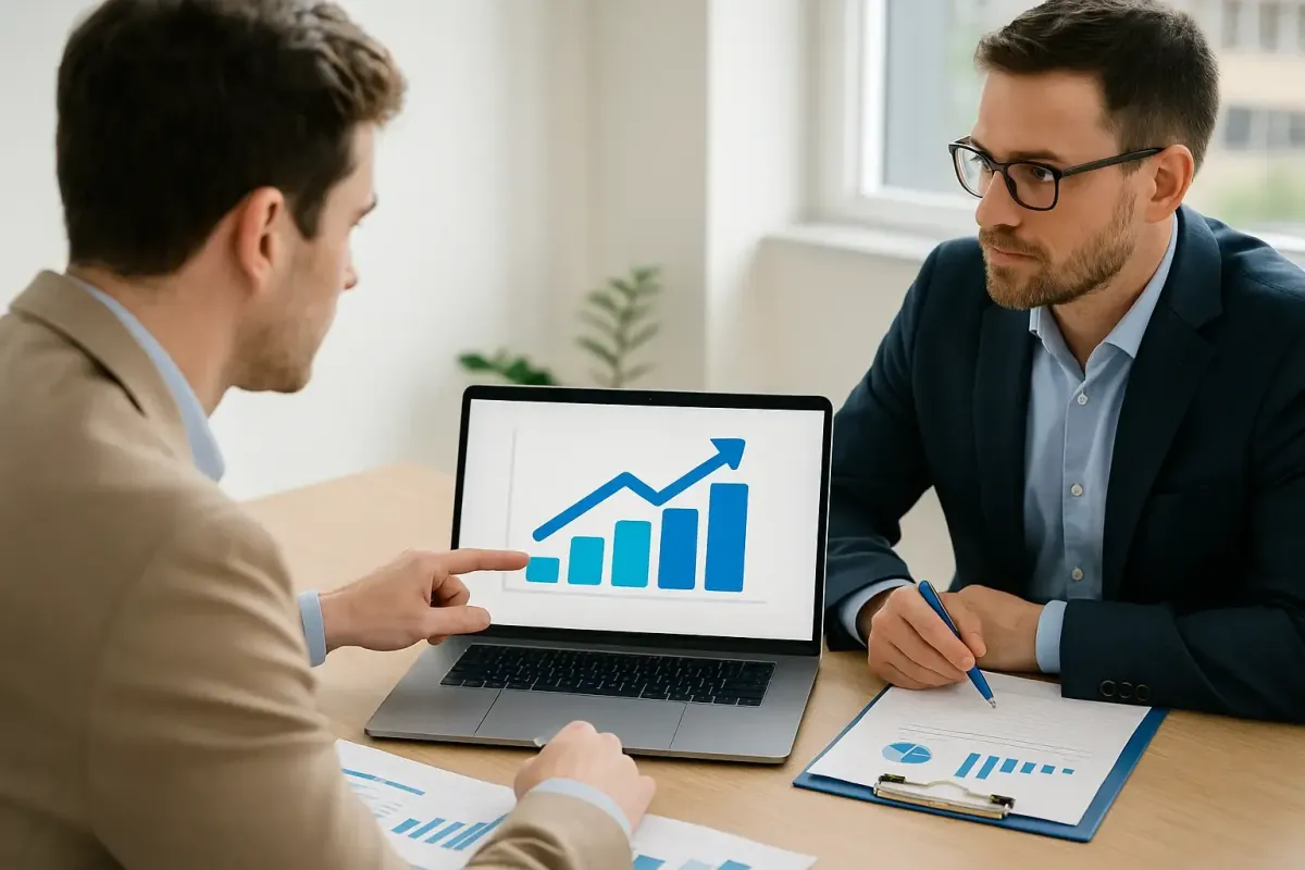 Editorial style image of a business coach and client reviewing financial charts on a laptop with an upward trending graph symbolizing a strong return on investment from Lofton Approved business coaching