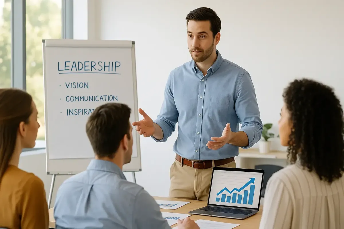 Business coach guiding young professionals in a workshop setting symbolizing Lofton Approved leadership development and growth mentoring