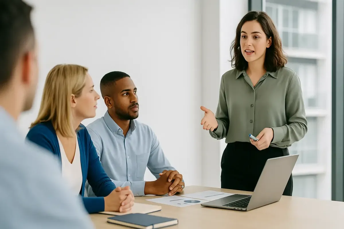 Business leader presenting to a small group in a team meeting symbolizing communication coaching from Lofton Approved for clarity and alignment