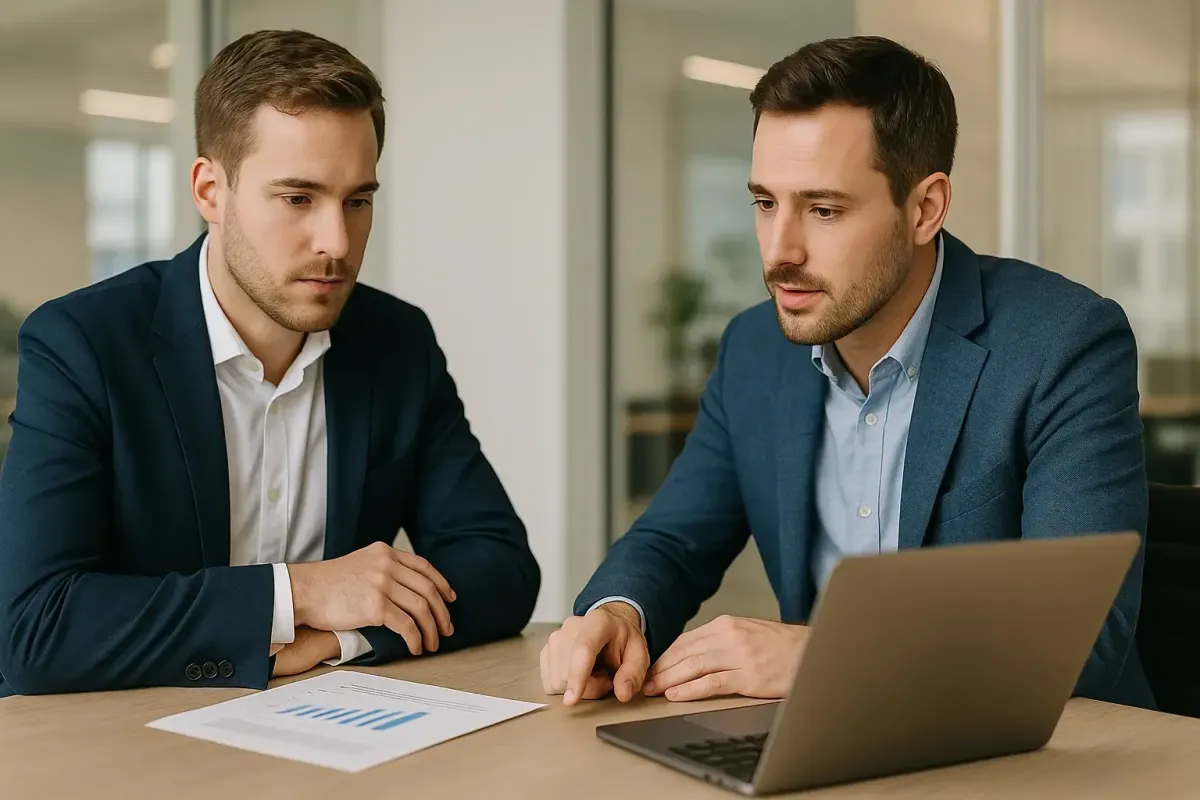 Business executive in a one on one coaching session with Mike Lofton reviewing strategy documents symbolizing Lofton Approved executive coaching