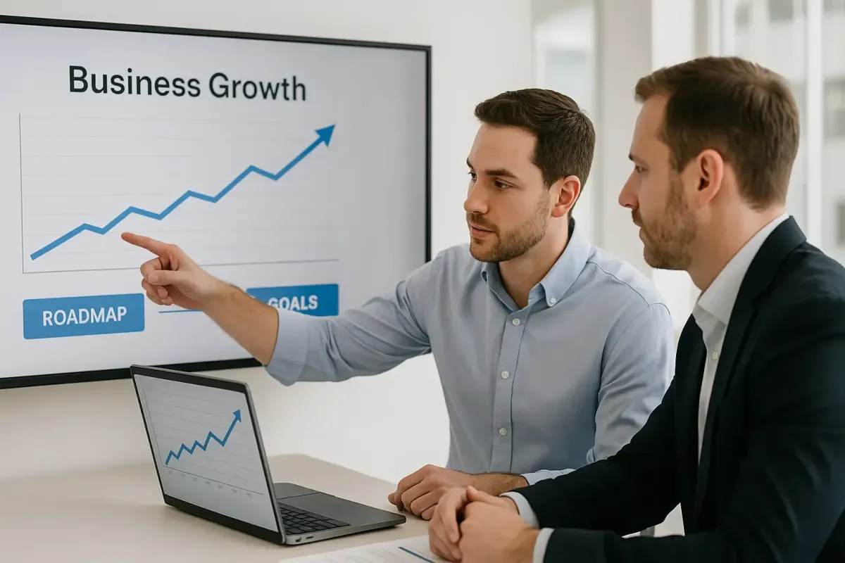 Entrepreneur and business coach discussing an upward trending graph symbolizing Lofton Approved business growth coaching for measurable results