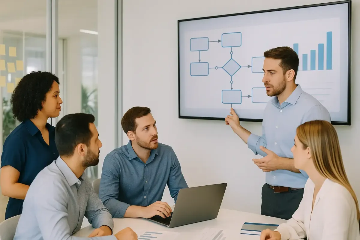 Team gathered around a workflow chart in a modern office symbolizing operations coaching from Lofton Approved for process improvement