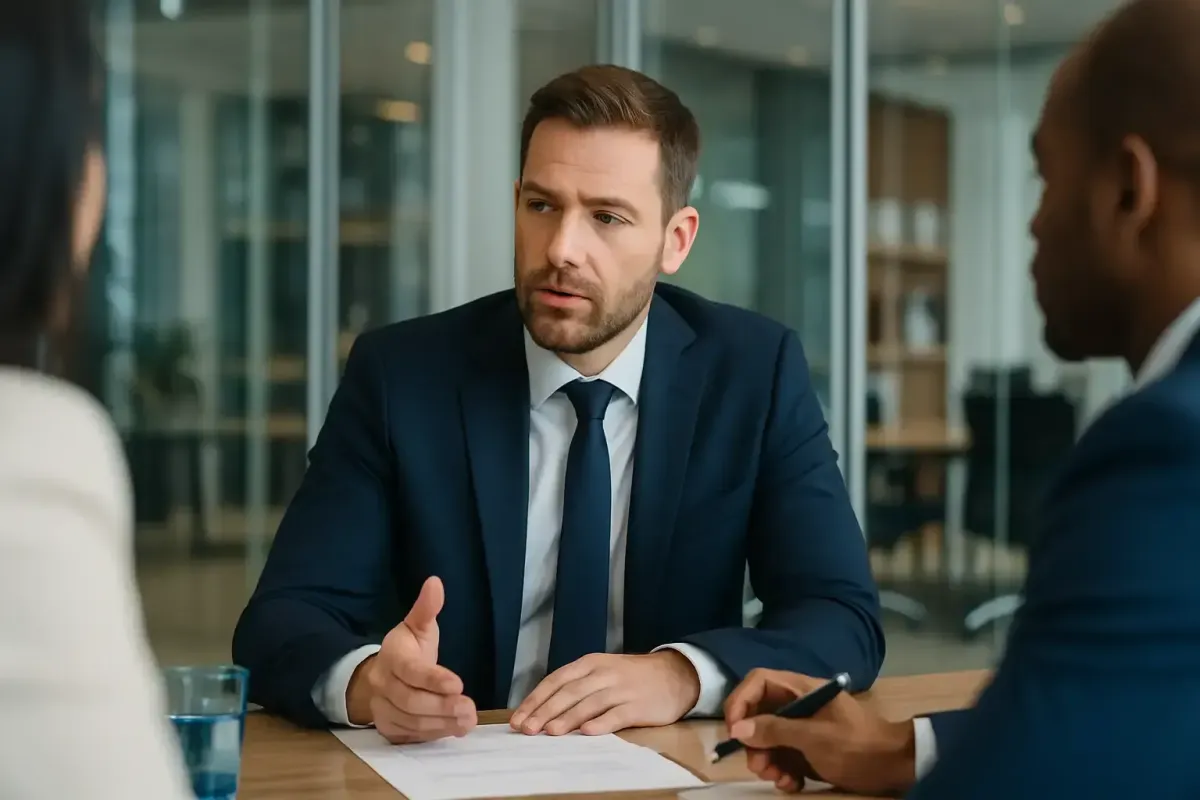Editorial style image of a confident executive leading a small team in a strategy session with flowcharts and systems on display featuring subtle Lofton Approved blue accents symbolizing collaboration and forward thinking