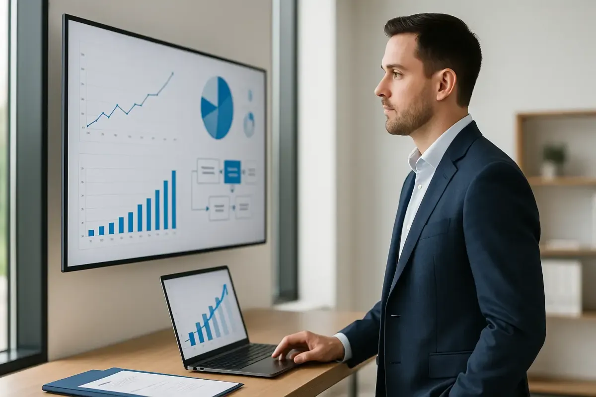 Editorial style image of an executive standing in front of a digital dashboard reviewing charts graphs and workflow visuals with Lofton Approved blue highlights symbolizing strategic system oriented leadership