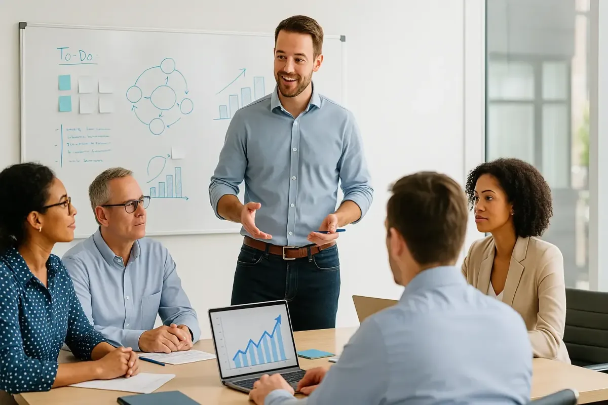 Editorial style image of a business coach representing Mike Lofton facilitating a team workshop at a whiteboard engaging participants with Lofton Approved blue accents in charts and notes symbolizing collaboration and actionable support