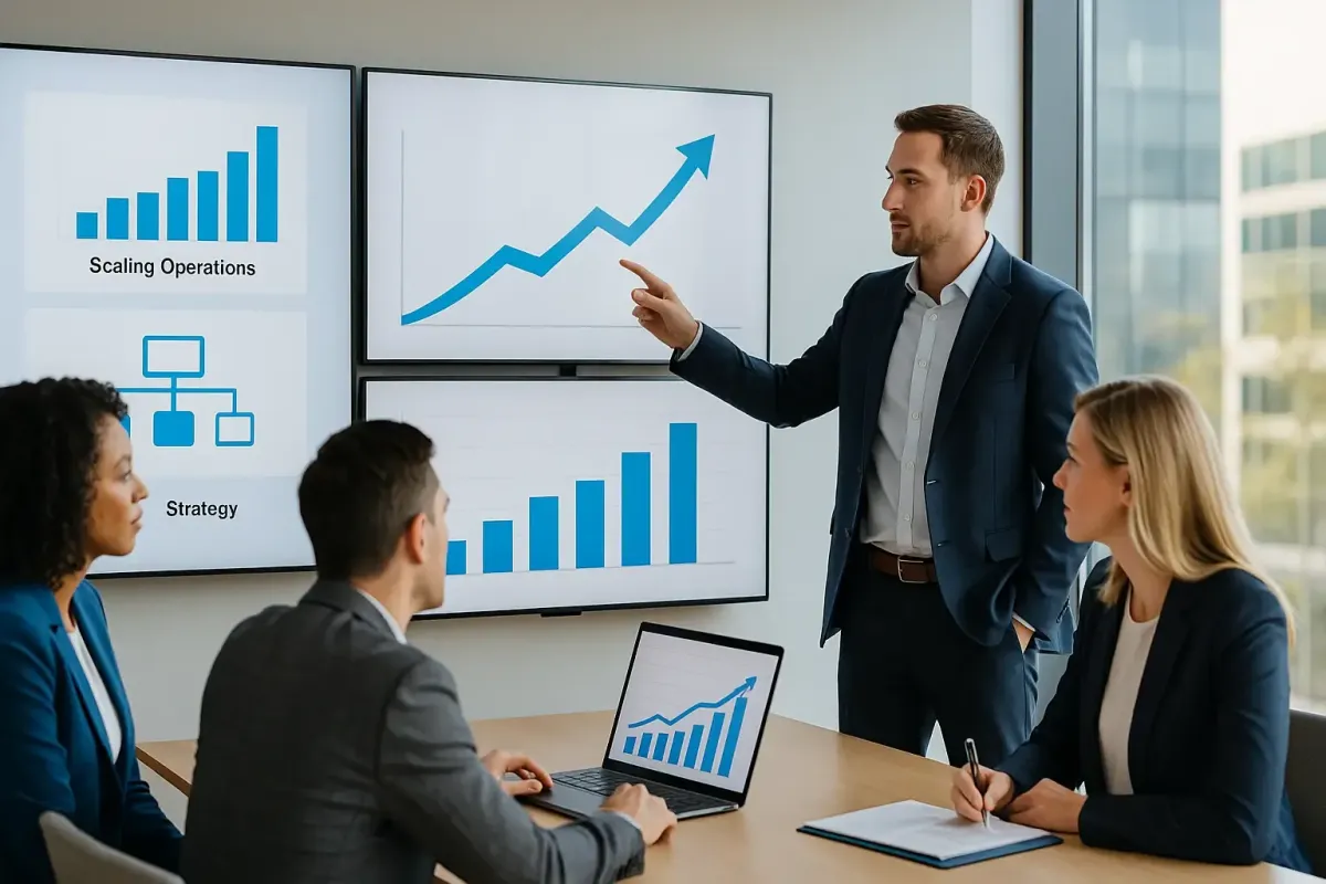 Editorial style image of executives collaborating in a modern office with digital dashboards displaying upward-trending charts and bar graphs, accented with Lofton Approved brand colors blue (#1D8FBD) and charcoal (#2C2C2C), symbolizing strategic growth, scalability, and measurable ROI.