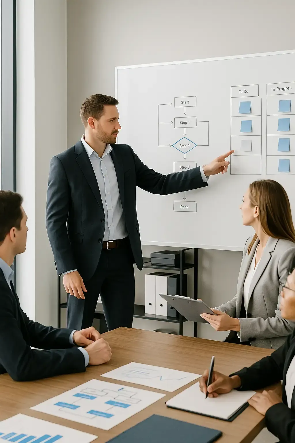 Editorial style image of executives and team members collaborating around a whiteboard and digital screen filled with strategic diagrams, workflows, and process charts. Professional modern office with natural lighting, subtle Lofton Approved brand colors blue (#1D8FBD) and charcoal (#2C2C2C). Symbolizes accountability, structure, and intentional business redesign for sustainable growth.