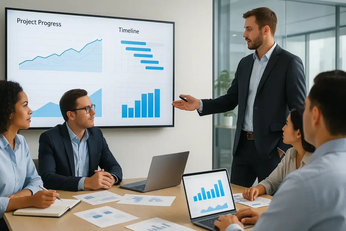 Editorial style image of a professional team in a modern office reviewing charts graphs and project timelines on a digital screen with Lofton Approved blue highlights symbolizing business planning execution and progress tracking