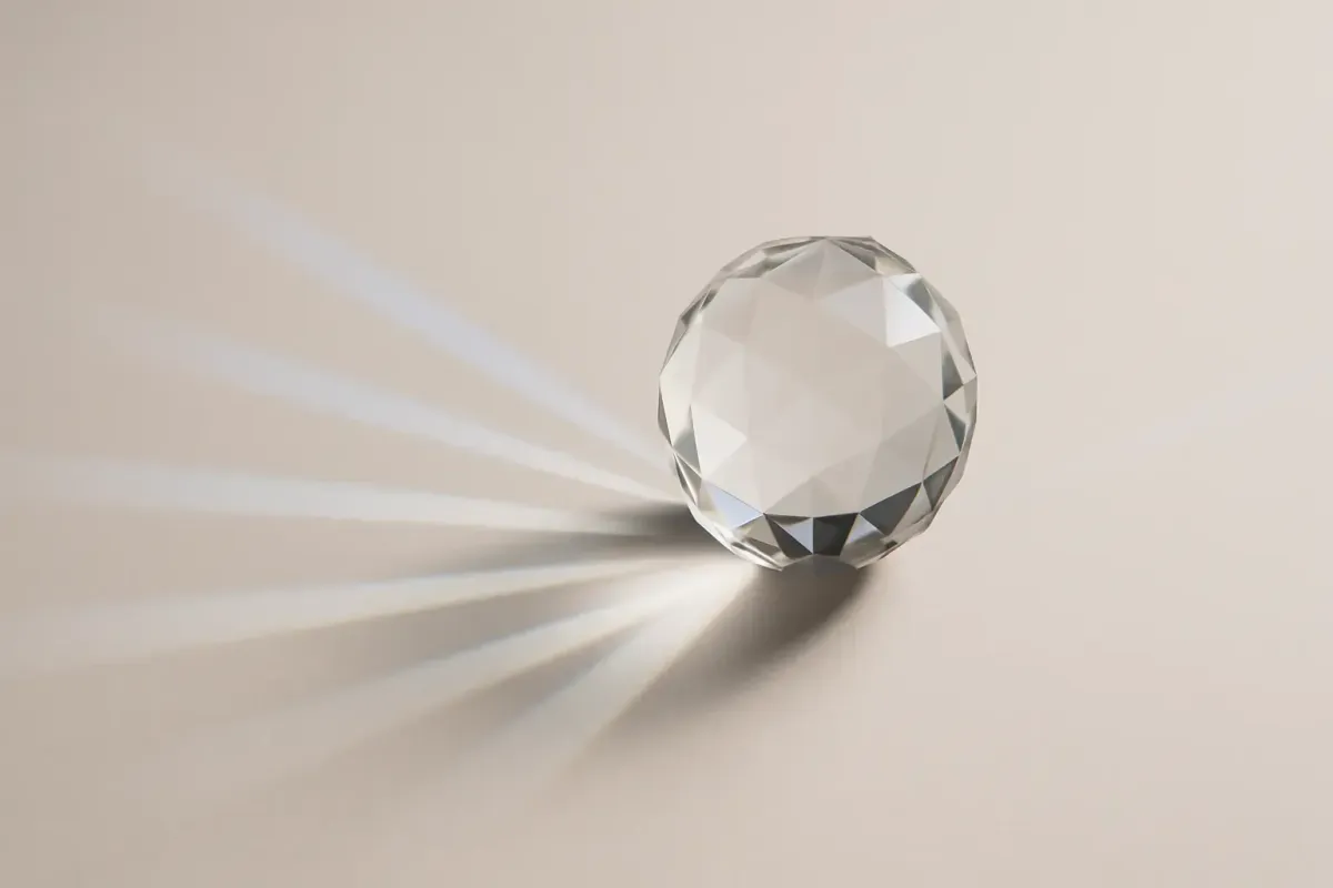 Conceptual image of a crystal prism refracting light into sharp beams with Lofton Approved blue accents symbolizing crystal clear measurable goals and business clarity