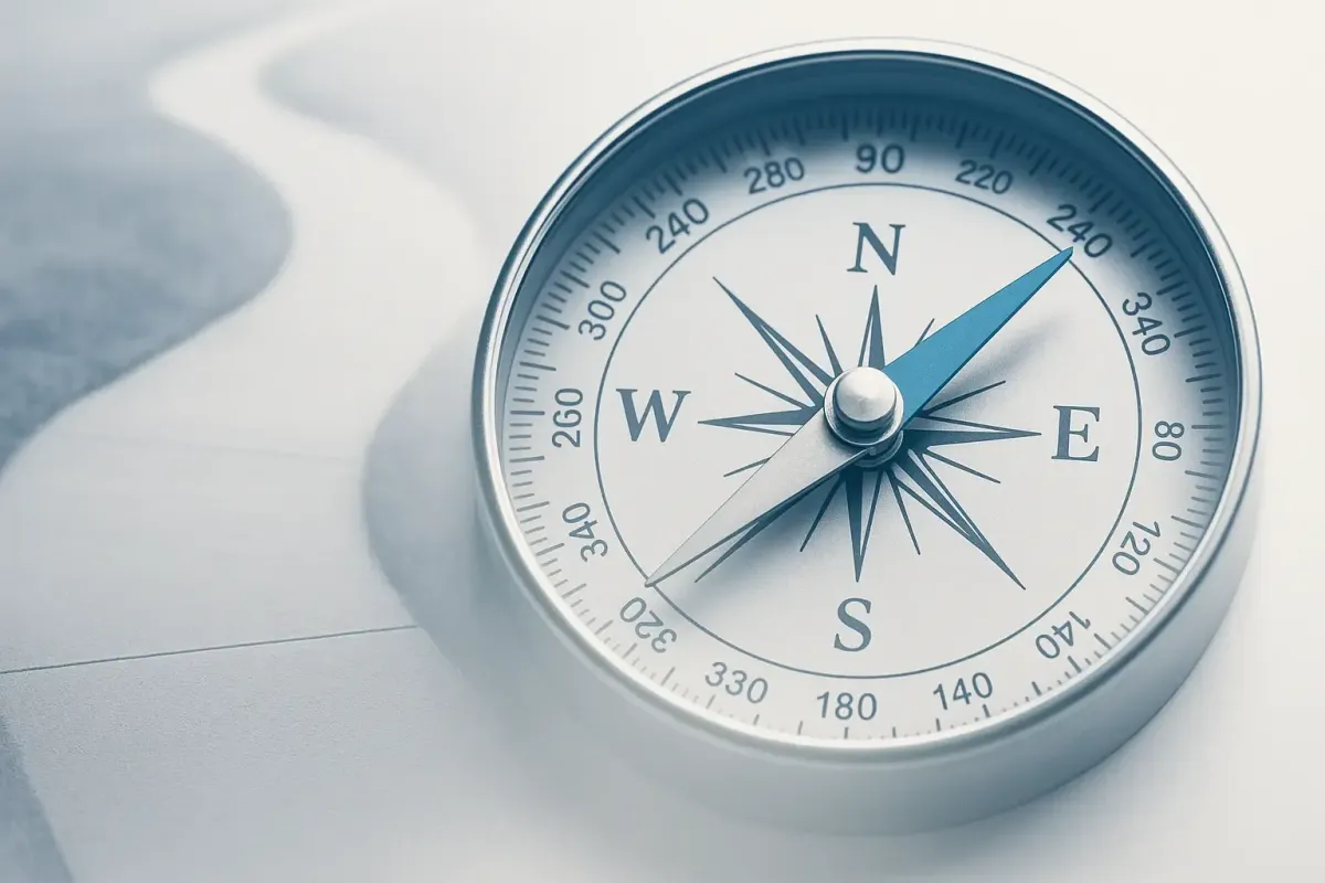 Conceptual image of a compass with a winding pathway and blue accent symbolizing business adaptability and consistent course correction toward goals