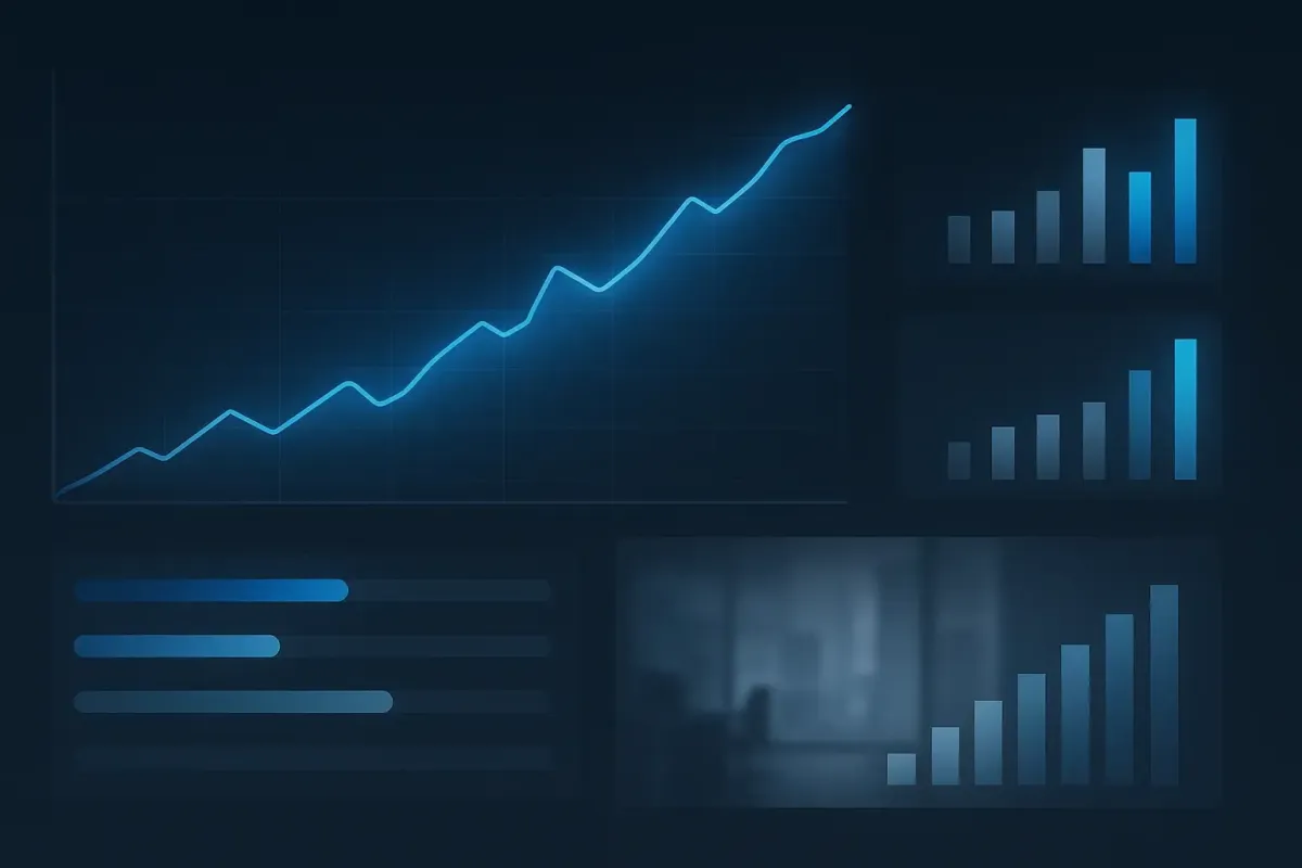 Editorial style digital dashboard with charts graphs and blue highlighted progress bars symbolizing real time tracking accountability and measured business results