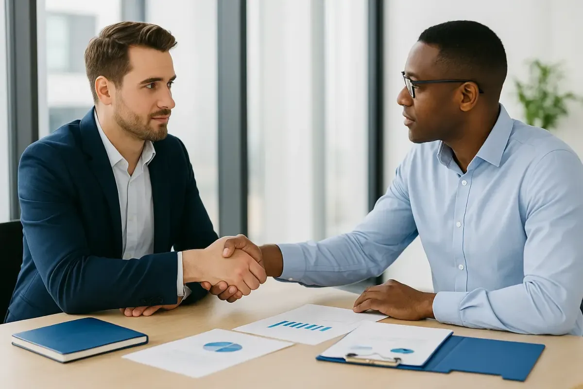 Editorial style image of two professionals in a modern office meeting shaking hands with subtle Lofton Approved blue accents symbolizing accountability partnership trust and business coaching support