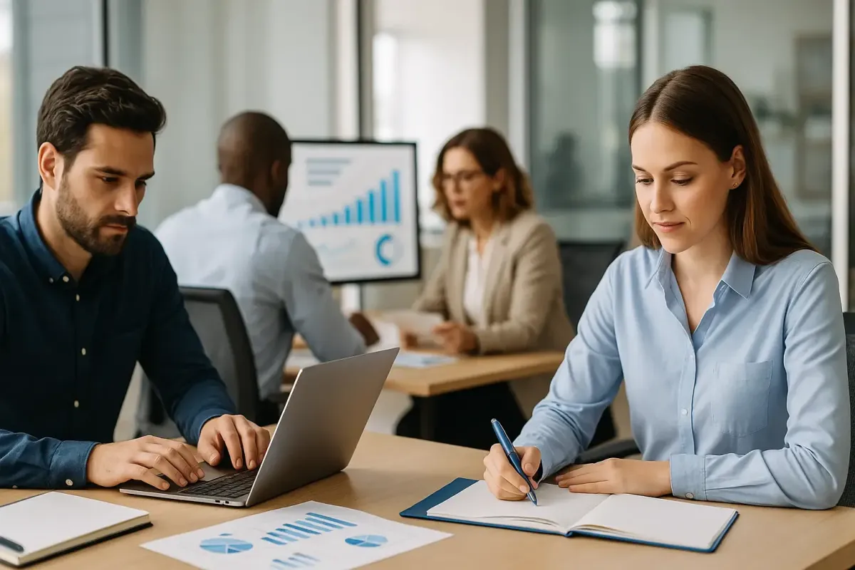 Editorial style image of a professional business team collaborating efficiently in a modern office with subtle Lofton Approved blue accents symbolizing accountability productivity and autonomy