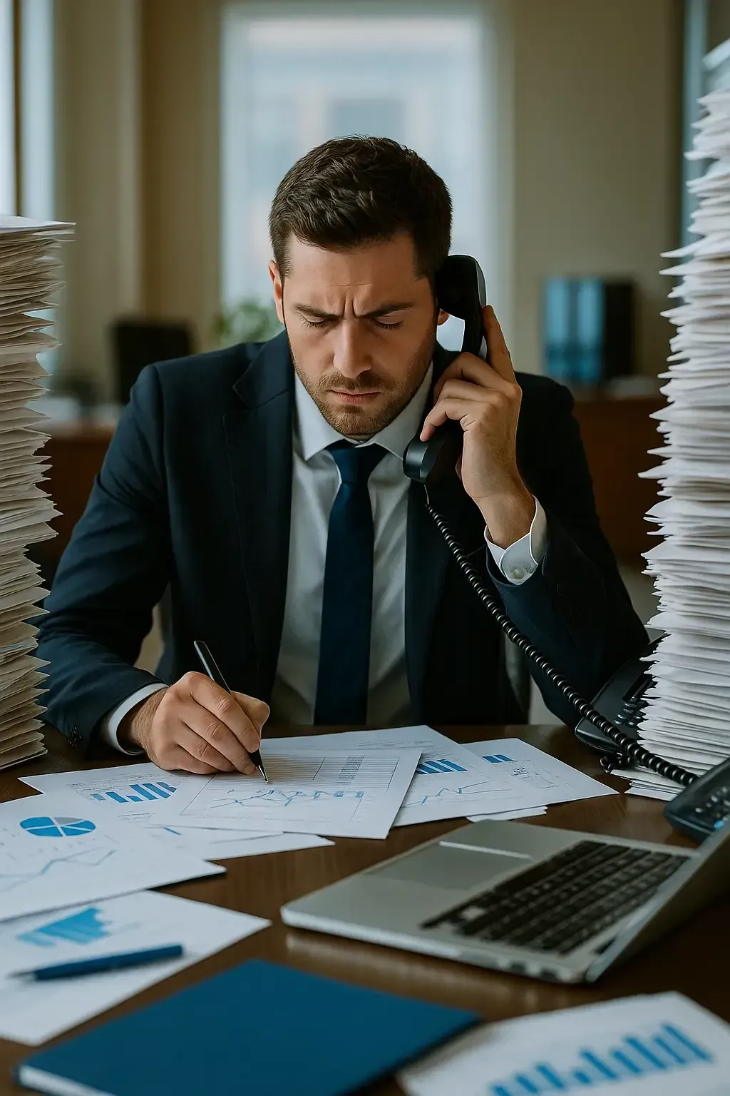 Editorial style vertical image of a stressed executive at a cluttered desk with papers phones and a laptop subtle Lofton Approved blue accents symbolizing micromanagement overwhelm and the need for leadership transformation