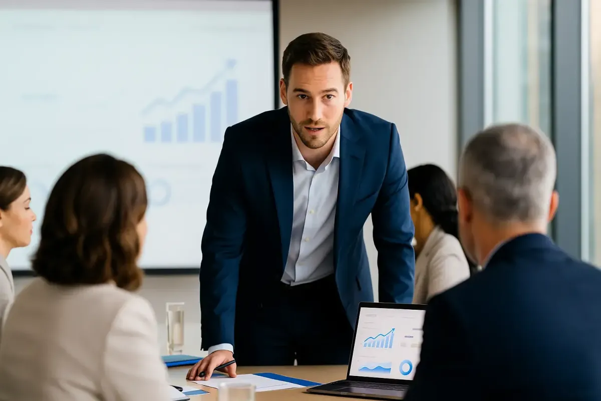 Editorial style image of a business leader mid presentation shifting focus from slides to the audience in a modern boardroom executives listening attentively with subtle Lofton Approved blue accents symbolizing effective leadership communication