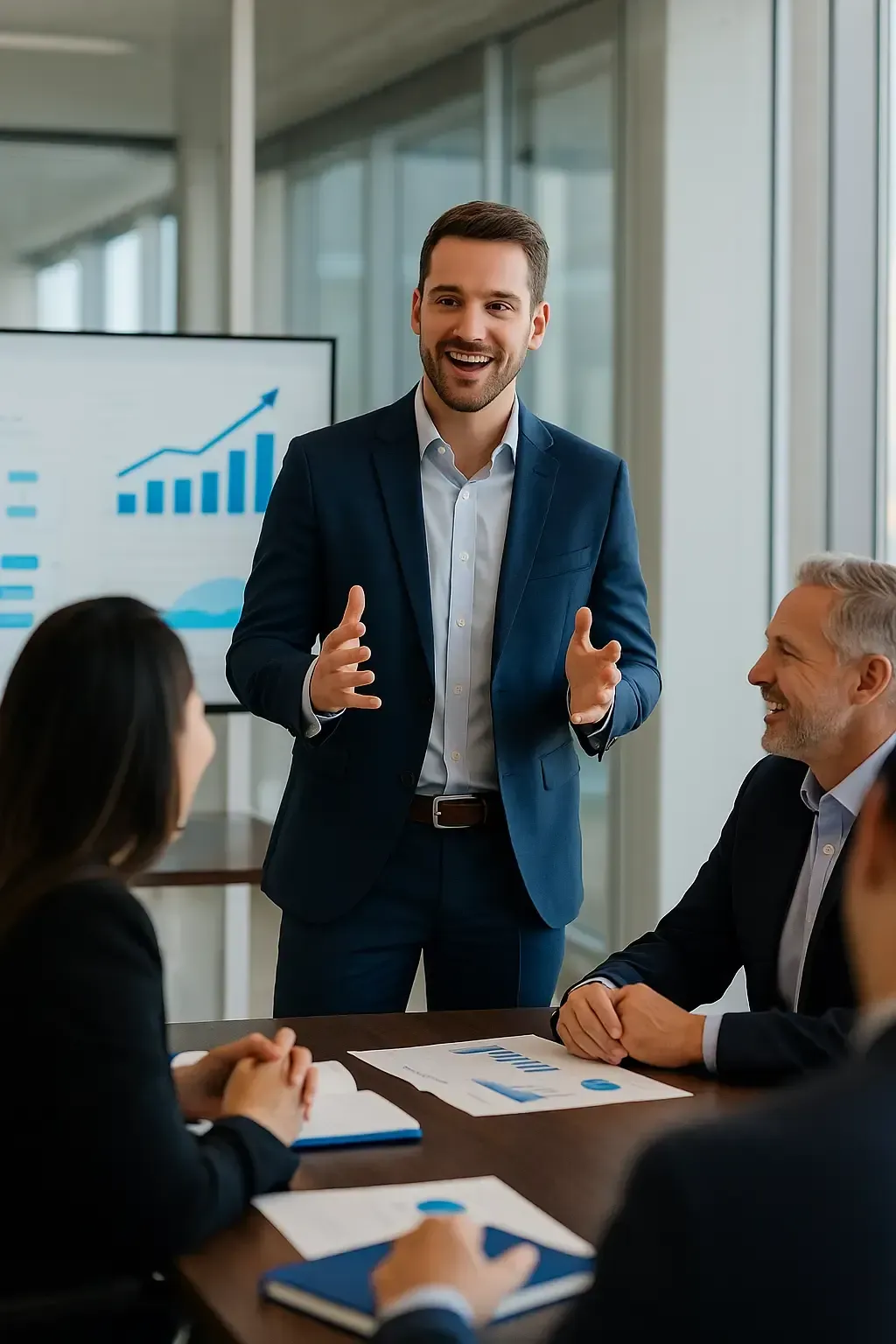 Editorial style image of a confident business leader presenting to an engaged executive board members leaning in and nodding with subtle Lofton Approved blue accents symbolizing communication mastery and leadership transformation