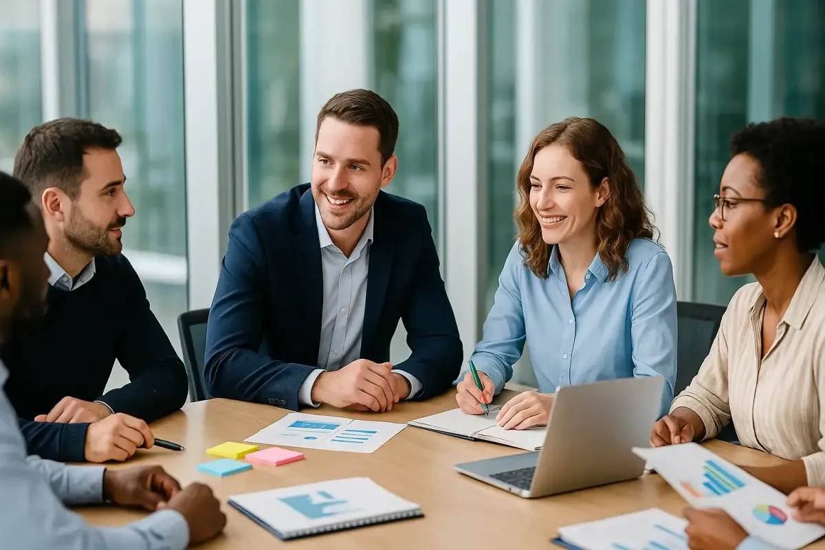 Professional team collaborating around a modern conference table with charts laptops and sticky notes while the leader participates in discussion symbolizing leadership through collaboration and commitment with subtle Lofton Approved blue accents