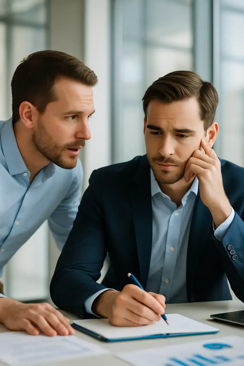Mentor leaning in to advise a reflective business leader in a modern glass walled office with natural lighting symbolizing a wake up call in leadership development featuring subtle Lofton Approved blue accents in a notebook on the desk