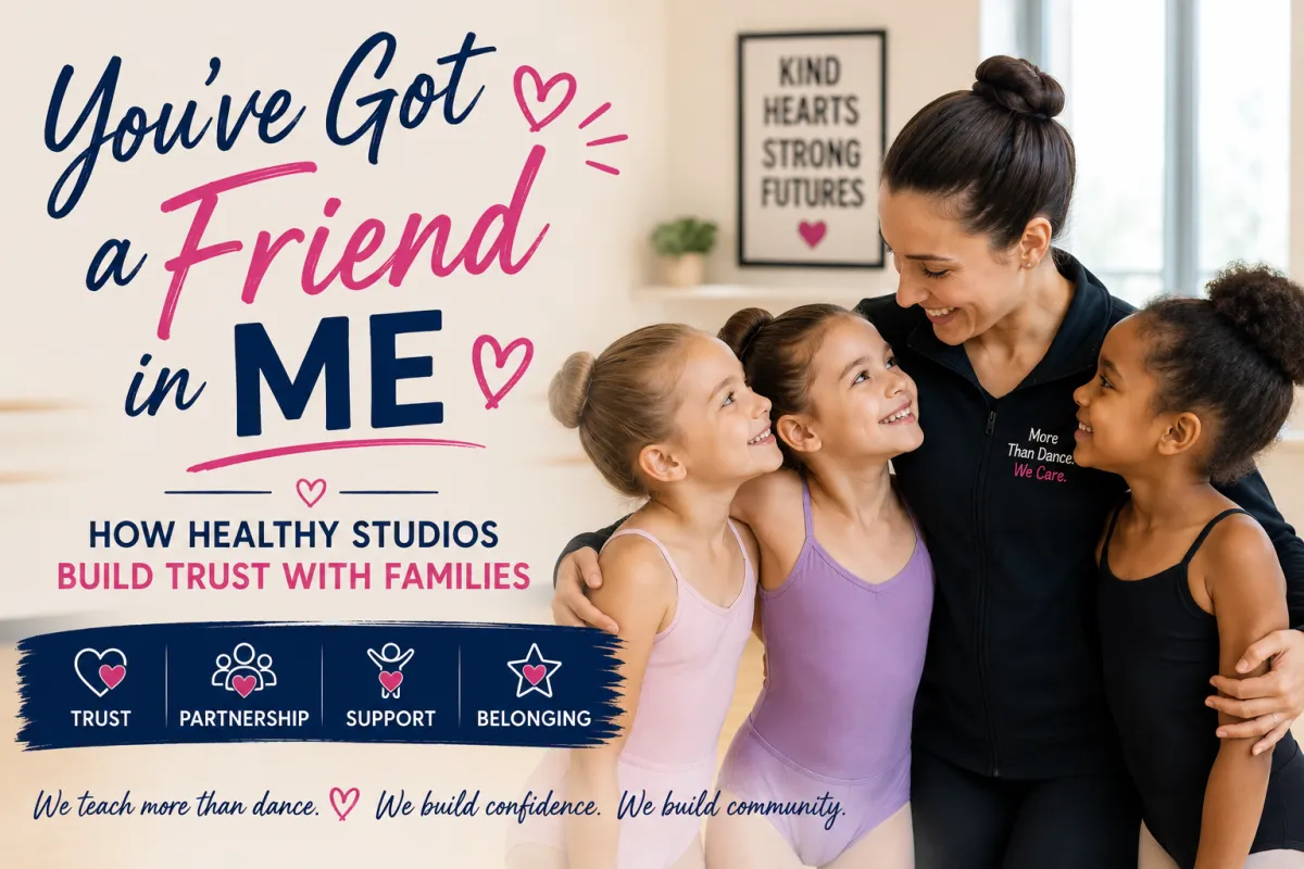 Dance teacher warmly supporting young students in a welcoming studio environment focused on trust, confidence, and belonging.
