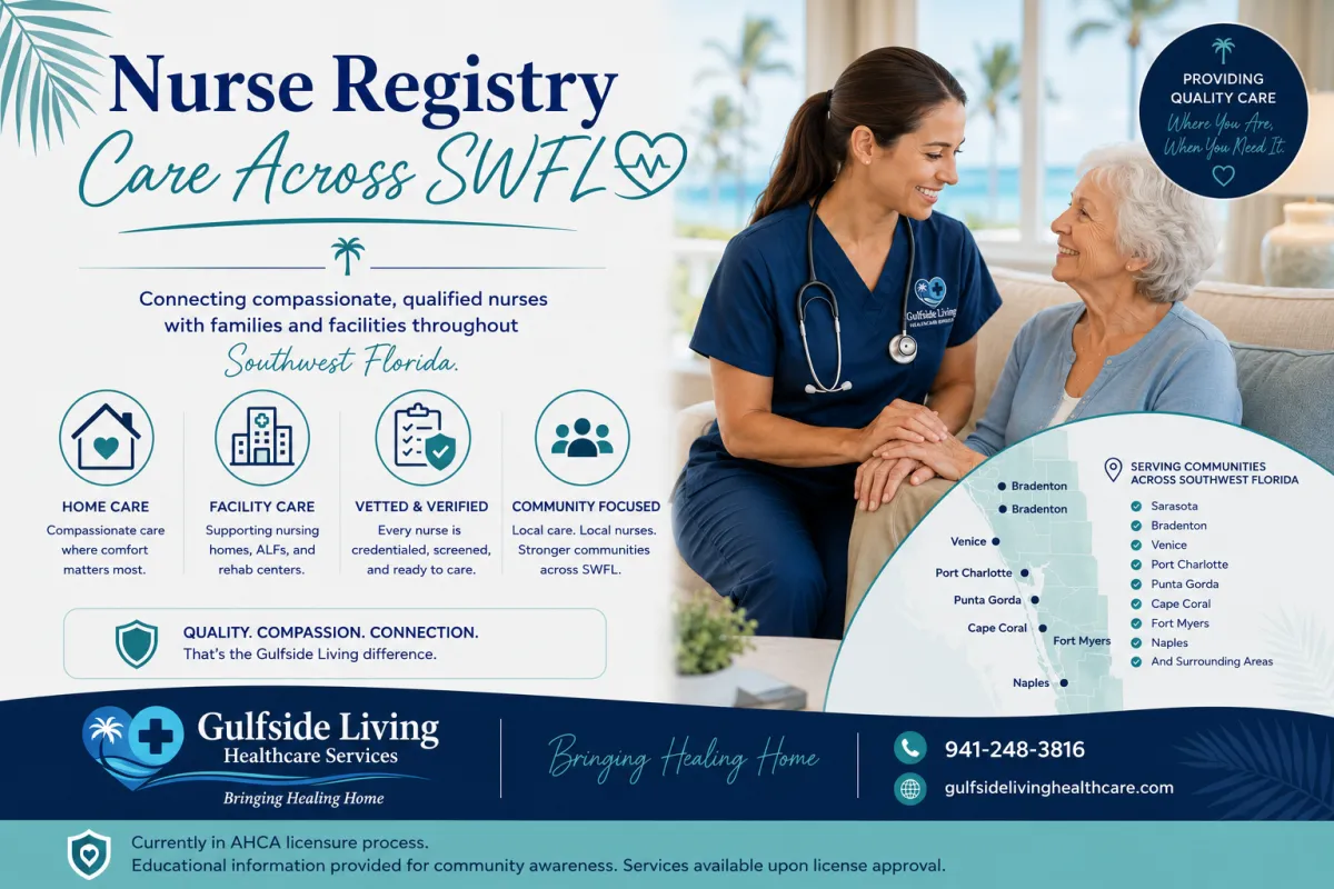 Nurse registry care across Southwest Florida — service area map from Sarasota to Naples