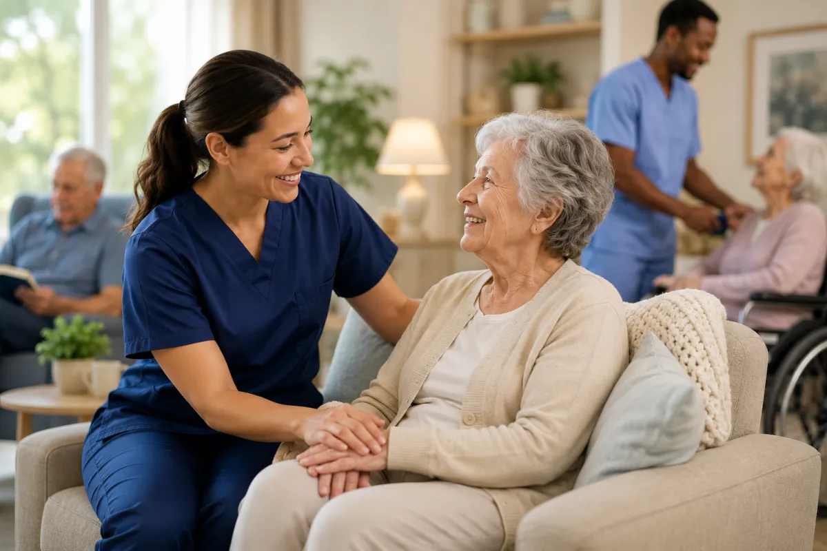 Nurse smiling with elderly patient in a home care setting in Southwest Florida